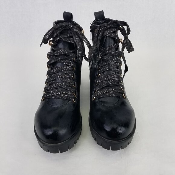 Chase + Chloe Storm Combat Boots Women 9 Black Block Heel Lug Sole Glitter Laces - Picture 12 of 15